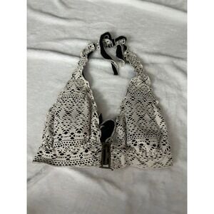 Bisou Bisou Crochet Halter Bikini Top XL‎ Cream Black Tie Swimwear
